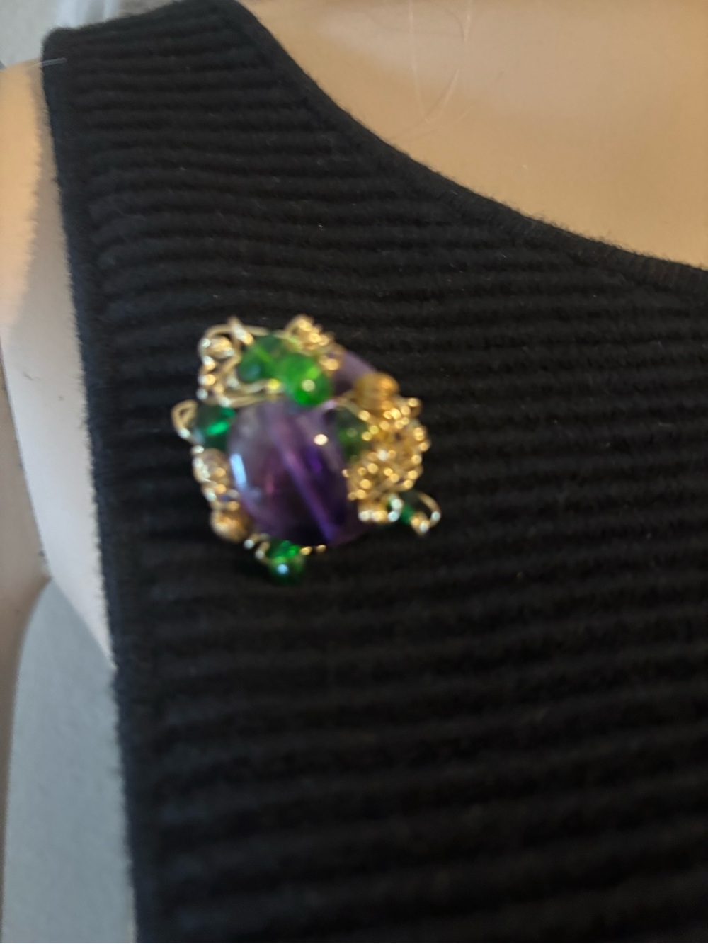 Handmade Gold-Tone Purple & Green Cabochon Floral Brooch